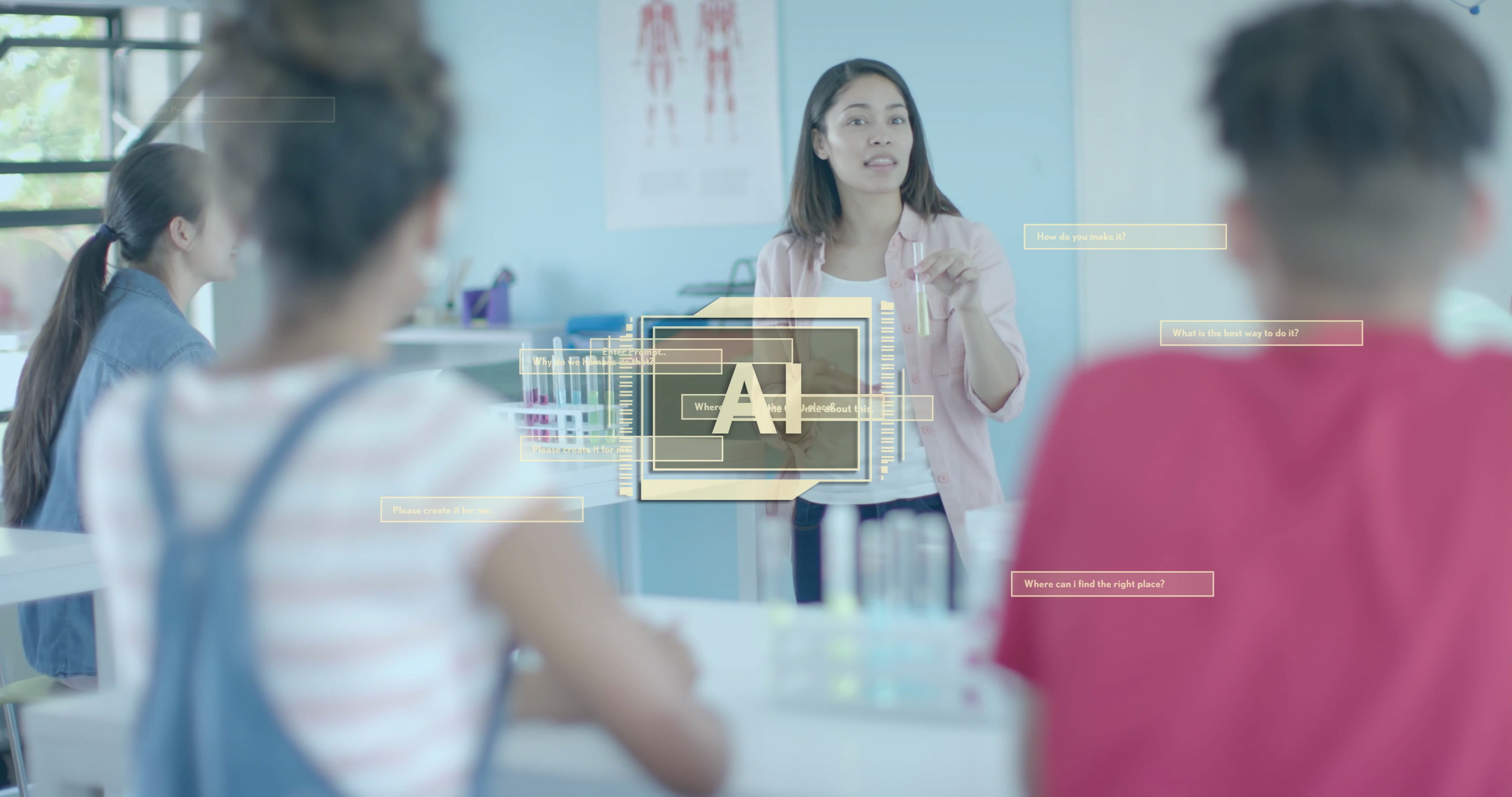 Instructors in science lab holding test tube, speaking to students, with digital AI graphics overlaid.