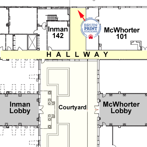 Map of BruinPrint Locations in the Inman Center & McWhorter Hall