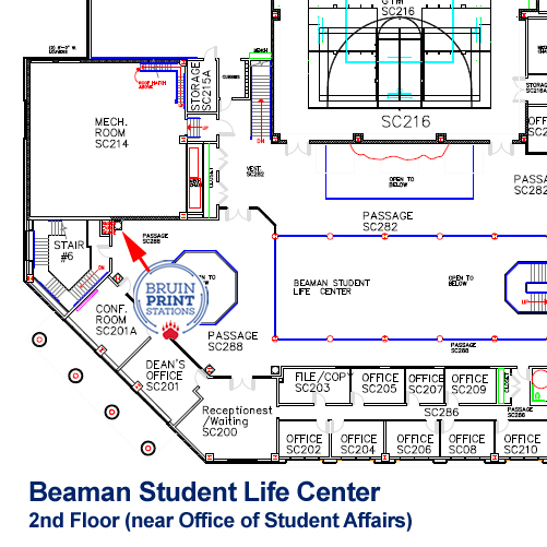 Map of BruinPrint Locations in the Beaman Student Life Center