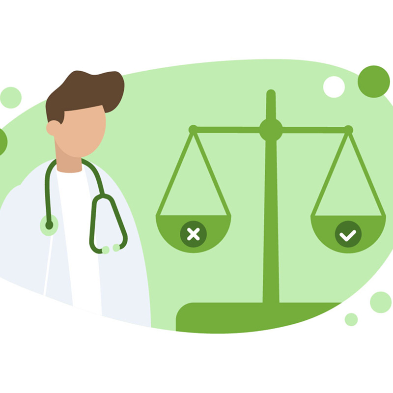 Graphic of person in doctor coat and a scale of right and wrong in front of them