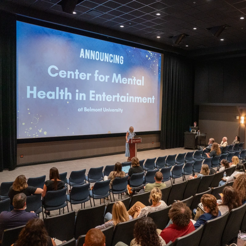 Belmont University's new Center for Mental Health in Entertainment announced on screen to an audience.