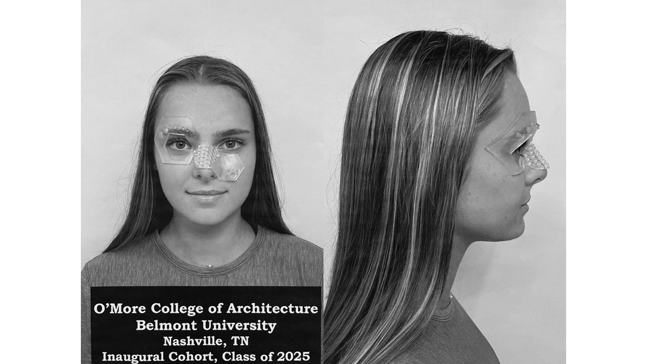 two photos of a female students face wearing a 3D printed mask from the front and side