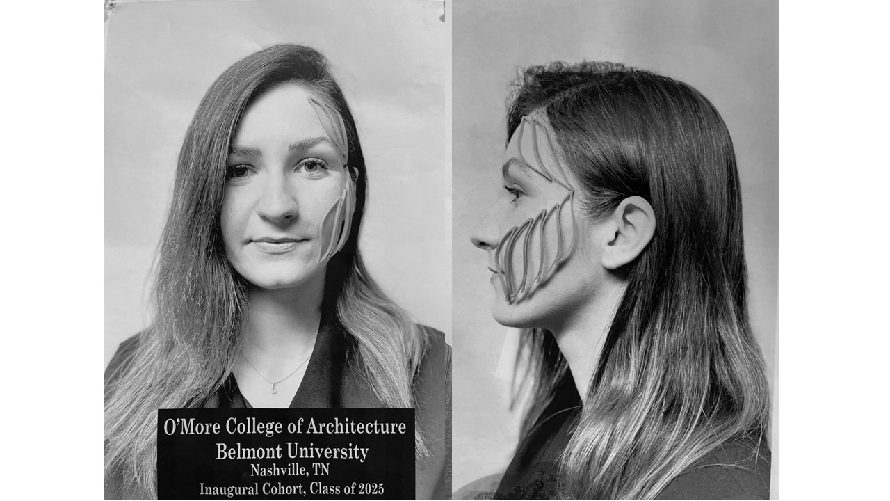 two photos of a female students face wearing a 3D printed mask from the front and side