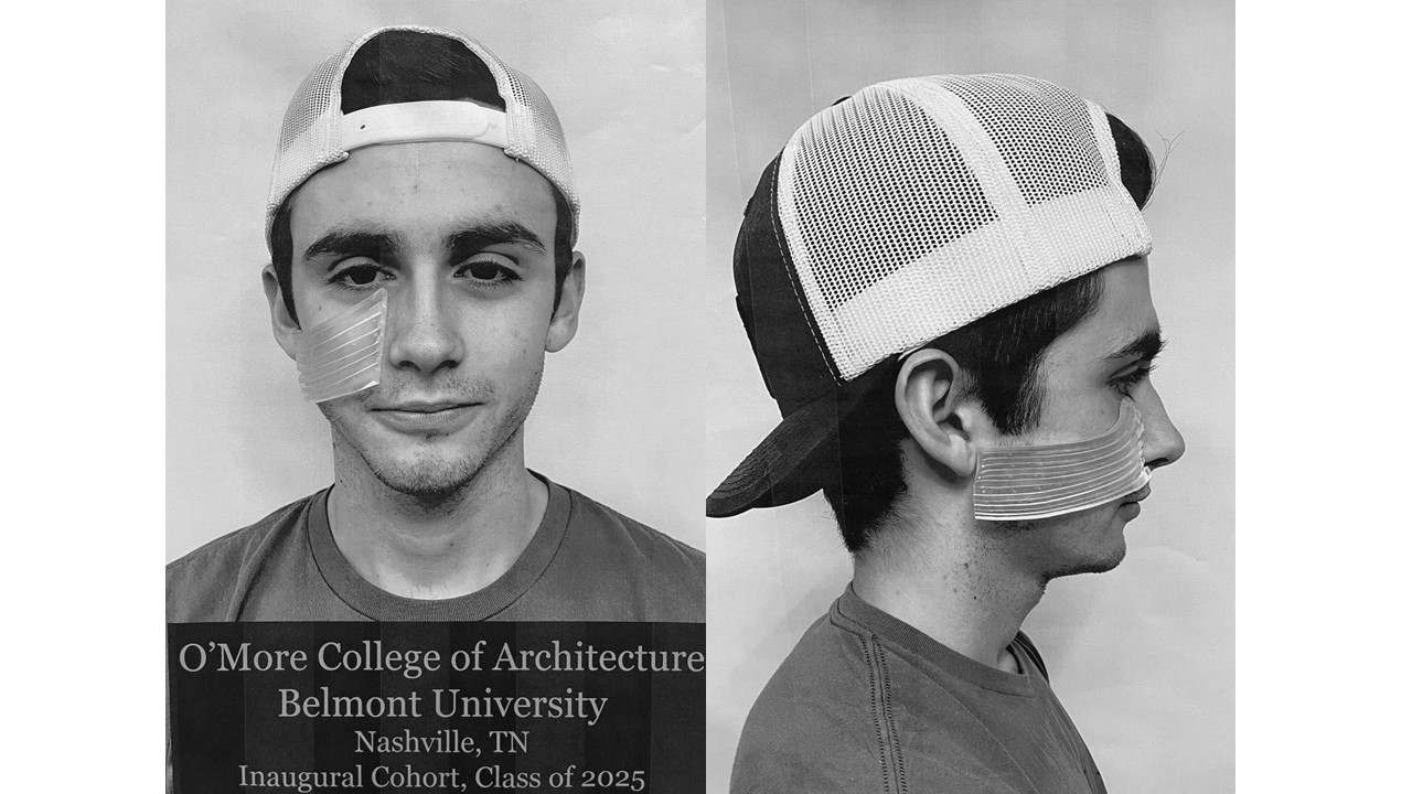 two photos of a male students face wearing a 3D printed mask from the front and side