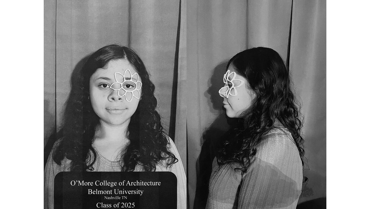 two photos of a female students face wearing a 3D printed mask from the front and side