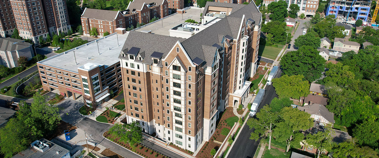 An aerial view of Caldwell Hall