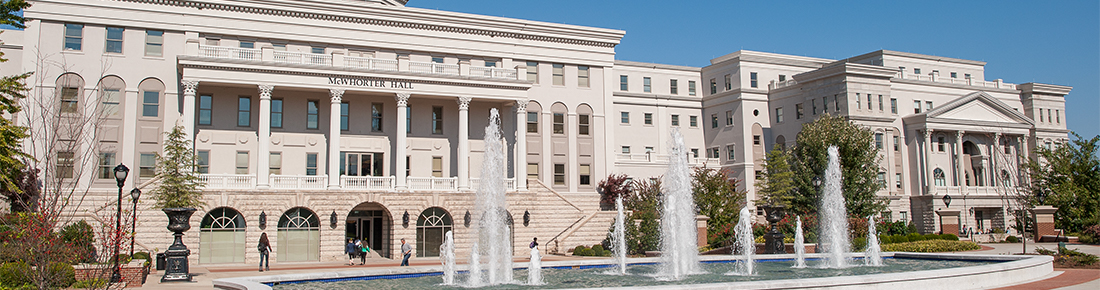 A picture of the fountain with McWhorter Hall in the background