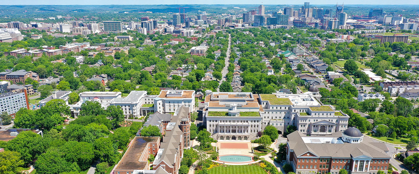 Aerial view of Belmont with Nashville in the background