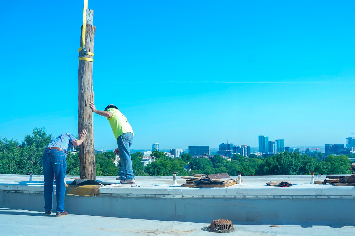 Removing chestnut supports from columns at Freeman Hall