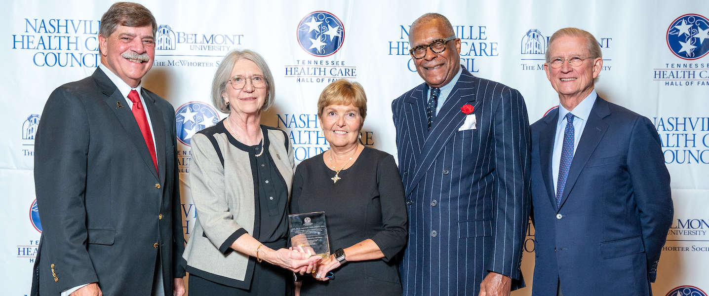 Members Inducted into the Tennessee Health Care Hall of Fame Class of 2023  (L to R) Dr. Philip A. Wenk, Dr. Wilsie Bishop, Ms. Vicky Gregg, Dr. André Churchwell and Mr. Stephen Reynolds