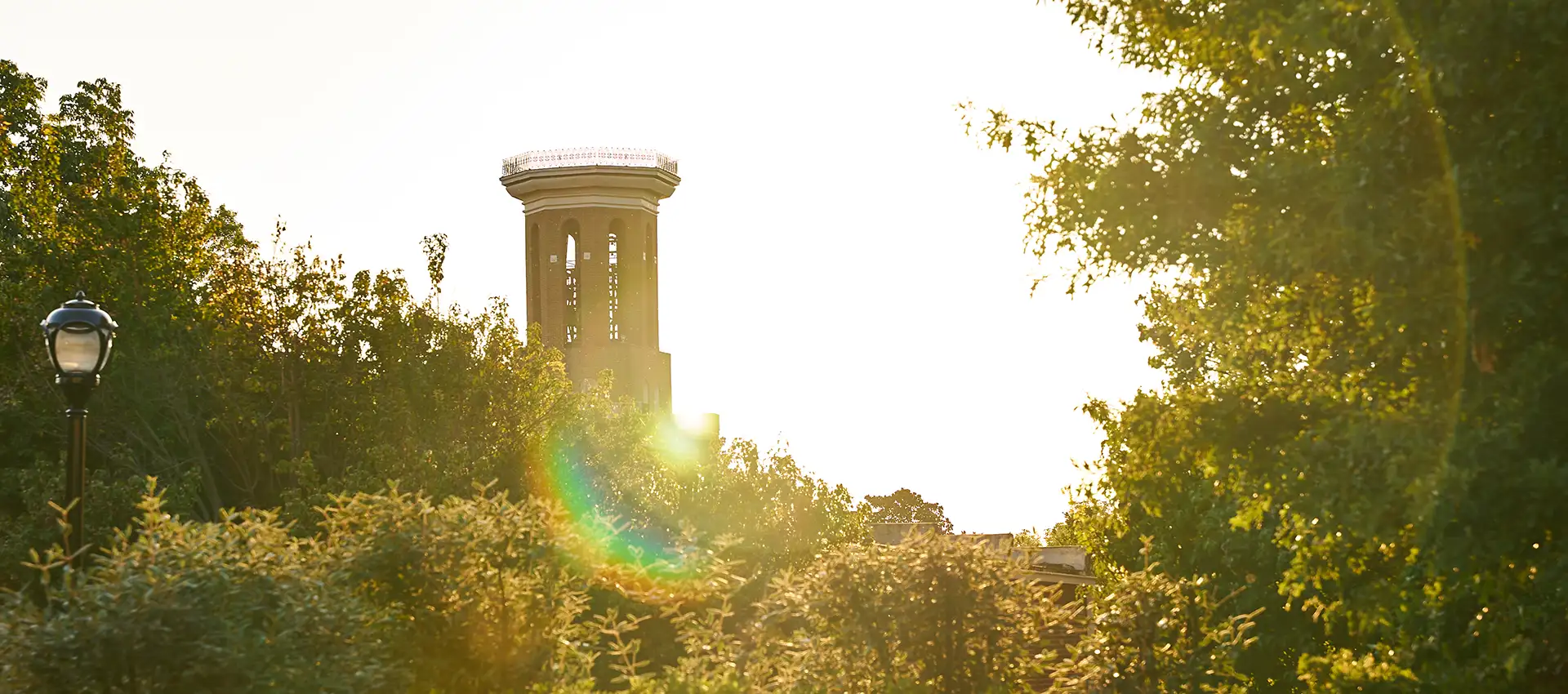 Belmont University’s Bell Tower at sunset, surrounded by trees with a lens flare across the scene.