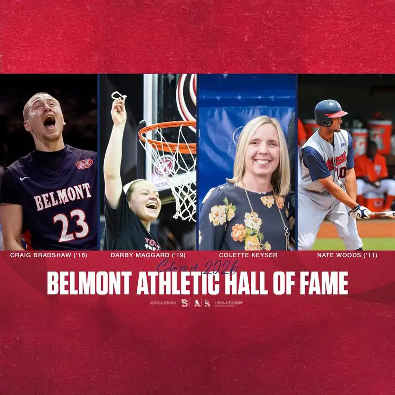 Belmont Athletic Hall of Fame class featuring Craig Bradshaw ('16), Darby Maggard ('19), Colette Keyser, and Nate Woods ('11)