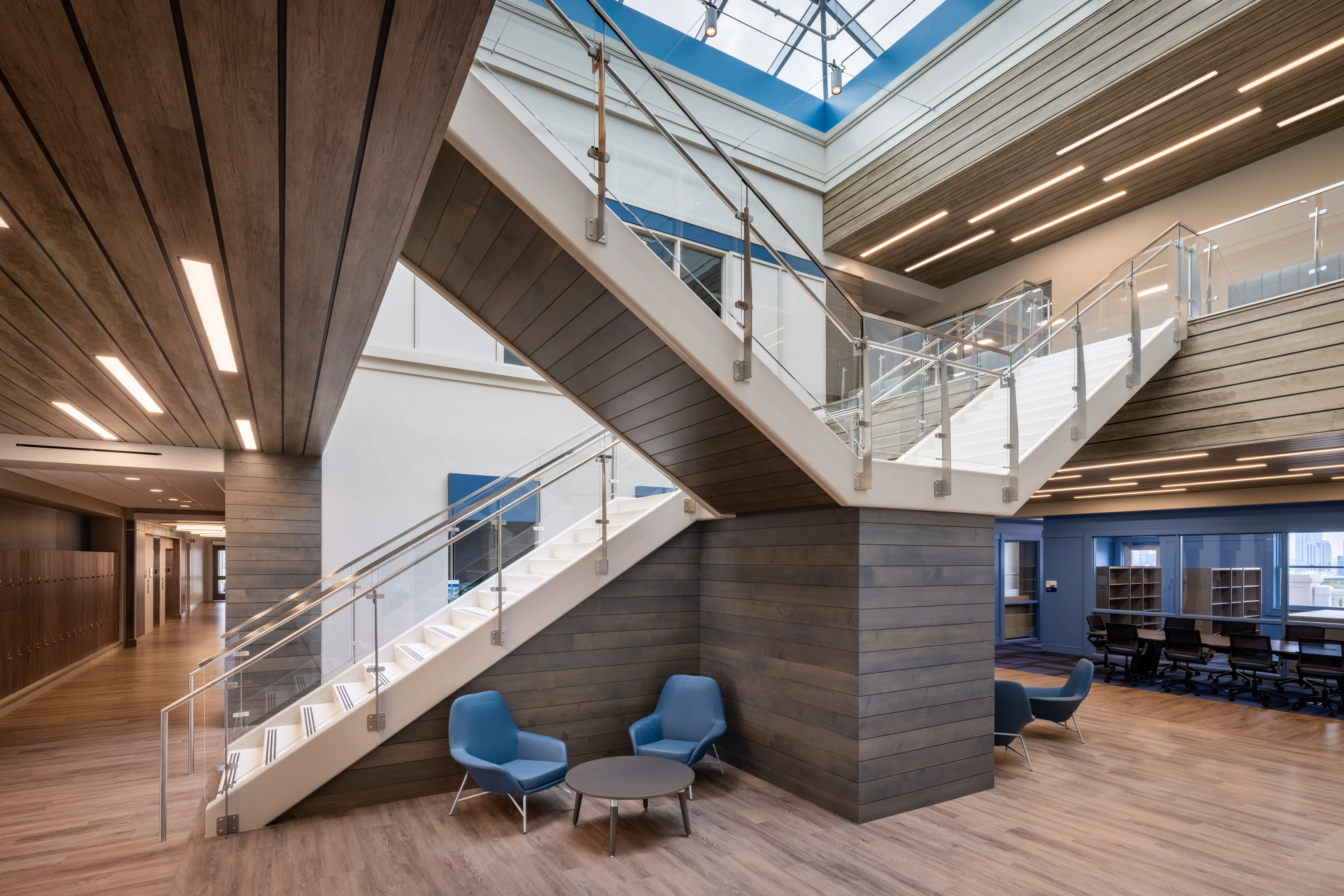 Frist College of Medicine Study Area, Blue Chairs and Wooden siding with lights embedded