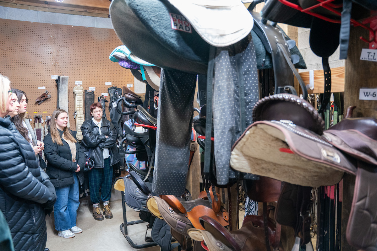 Students observe an array of saddles and riding gear during a behind-the-scenes tour of the Saddle-Up! facility.