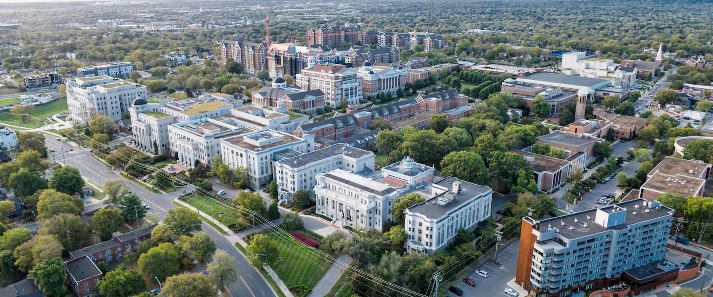 drone shot of campus from wedgewood ave