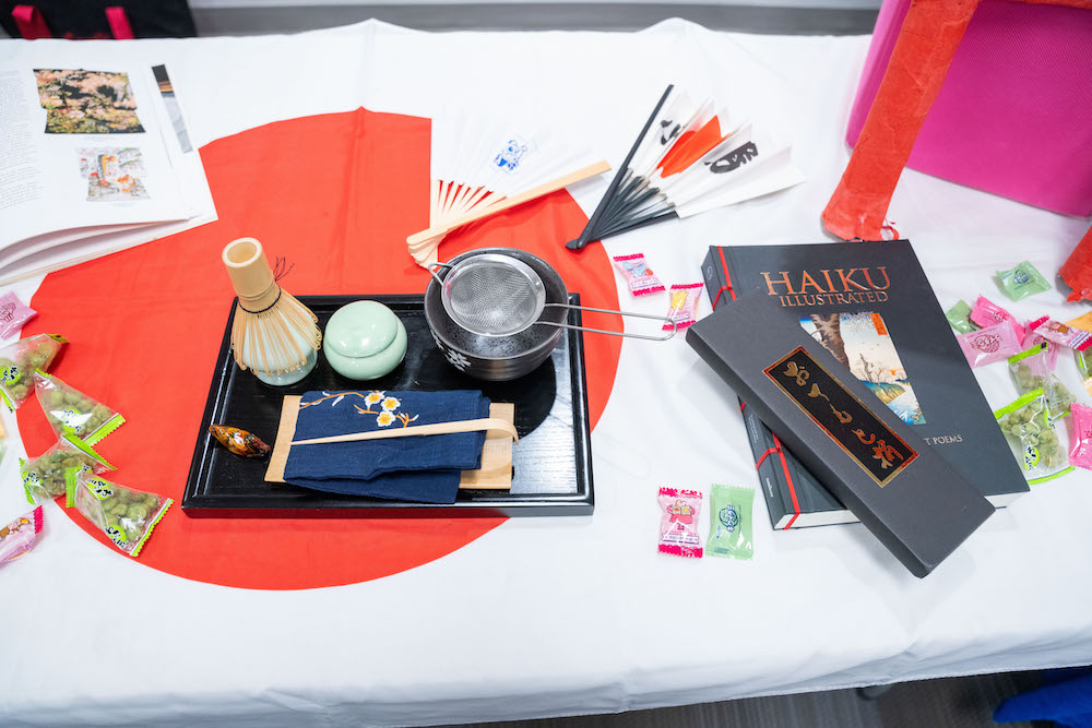 Table with tea set, haiku book and candies