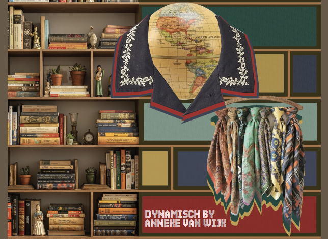 Design board titled “Dynamisch” by Anneke van Wijk, featuring global-inspired scarf designs, a globe draped with embroidered fabric, and a background of colorful squares next to shelves of vintage books.