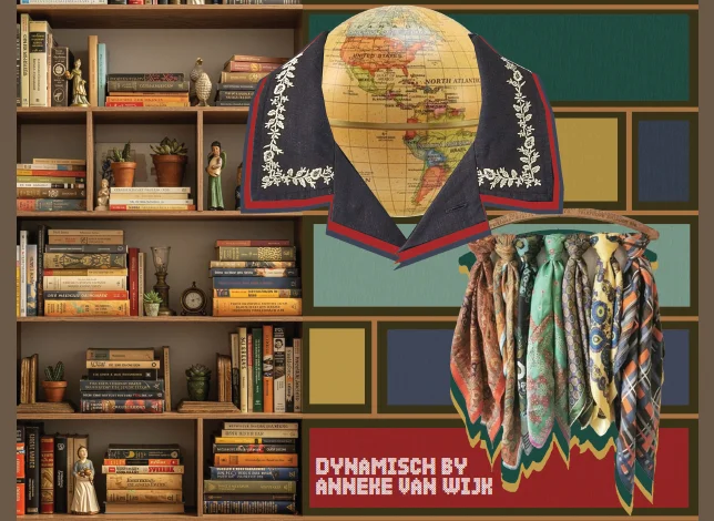 Design board titled “Dynamisch” by Anneke van Wijk, featuring global-inspired scarf designs, a globe draped with embroidered fabric, and a background of colorful squares next to shelves of vintage books.