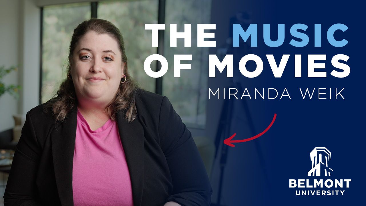 The image shows a promotional graphic for "The Music of Movies" featuring a person in professional attire with a black blazer over a pink top. The person appears to be seated in an interview setting with windows and greenery visible in the background. The text overlay identifies the person as "MIRANDA WEIK" and includes the Belmont University logo in the bottom right corner. The graphic has a professional, educational appearance suggesting this may be part of a series or course about film music offered by Belmont University.