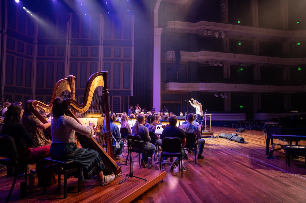 rehearsal showing harp
