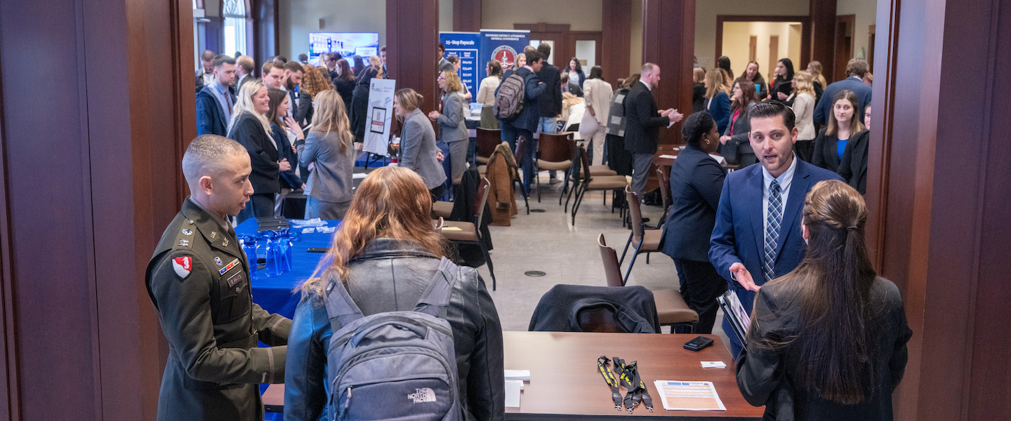 Students and employers in Belmont Law lobby