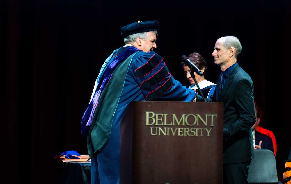 Mike Stanfield accepting Heart of Belmont Award