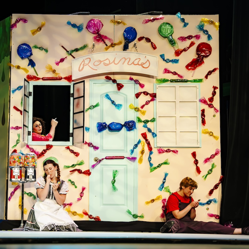Hansel, Gretel and the Witch in a candy house in "Hansel and Gretel" opera