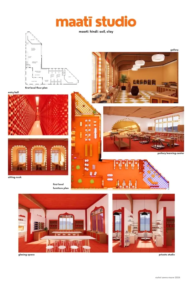 Rachel Moore's design, showcasing the entry hall, private studio, glazing space, sitting nook, gallery and the pottery learning center