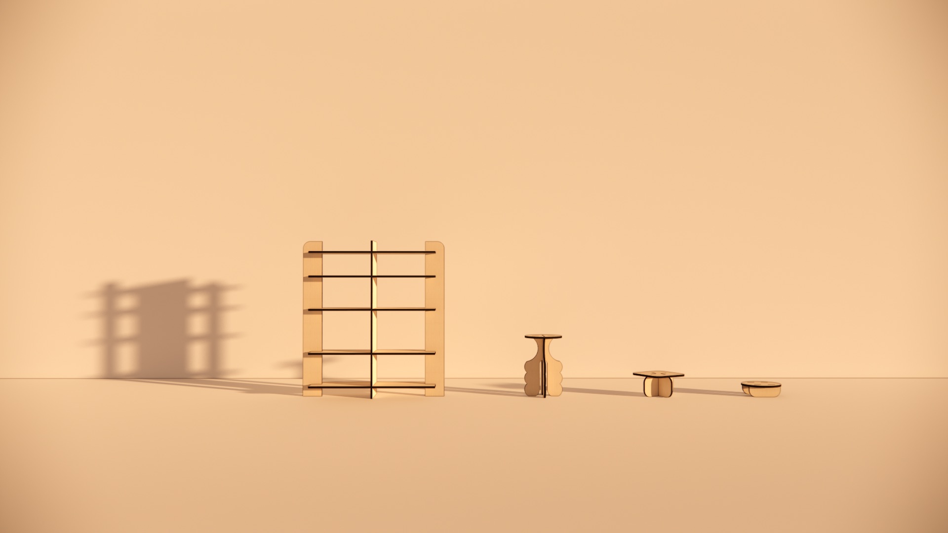 Renderings of the flat-pack furniture that Moore designed