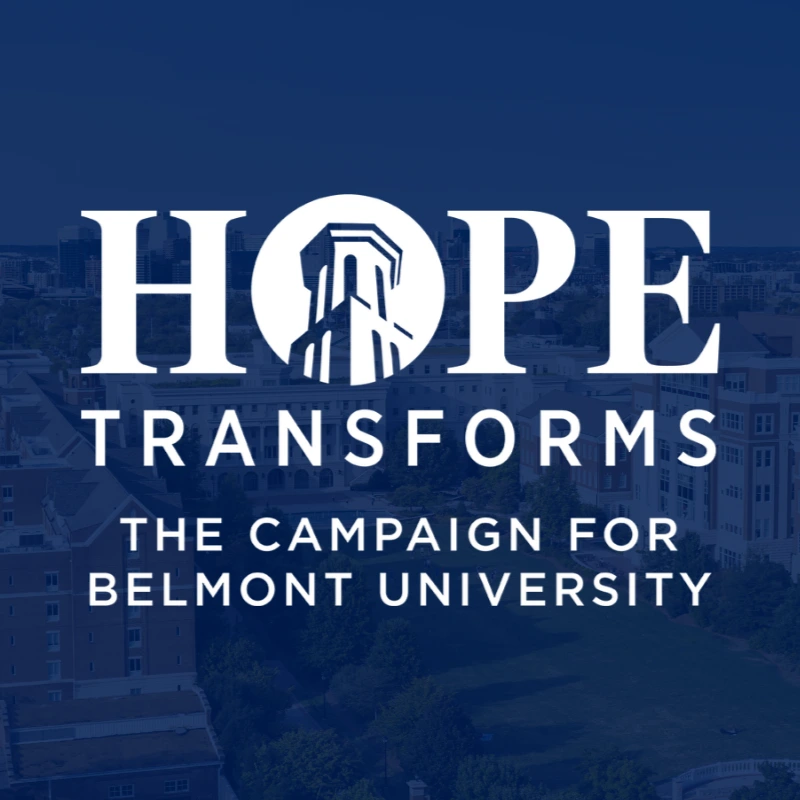 Hope Transforms Mark superimposed on photo of Belmont campus with Nashville skyline