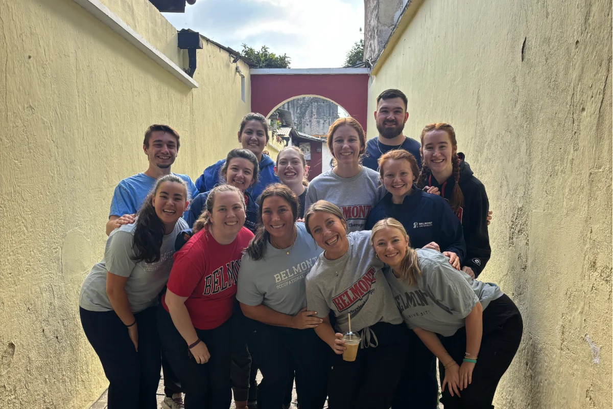Students under a covered walkway after lunch