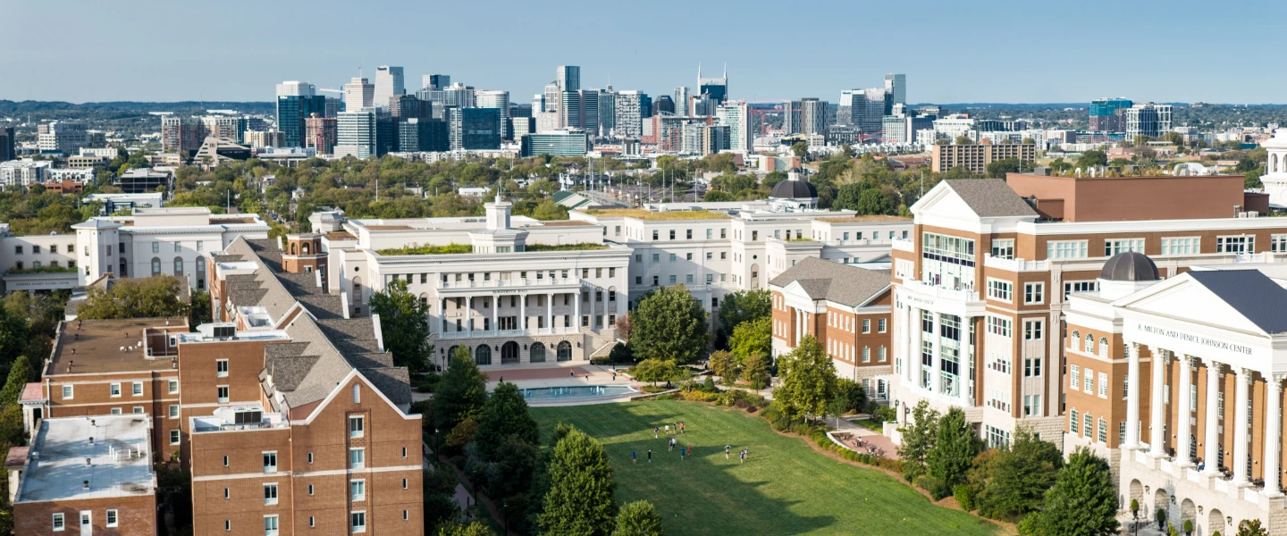Campus aerial shot with Nashville skyline 