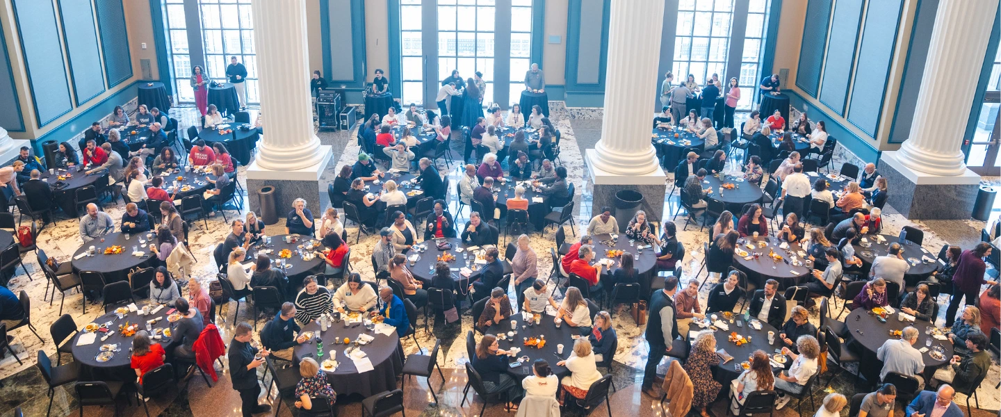 Staff and faculty at brunch, taken from above