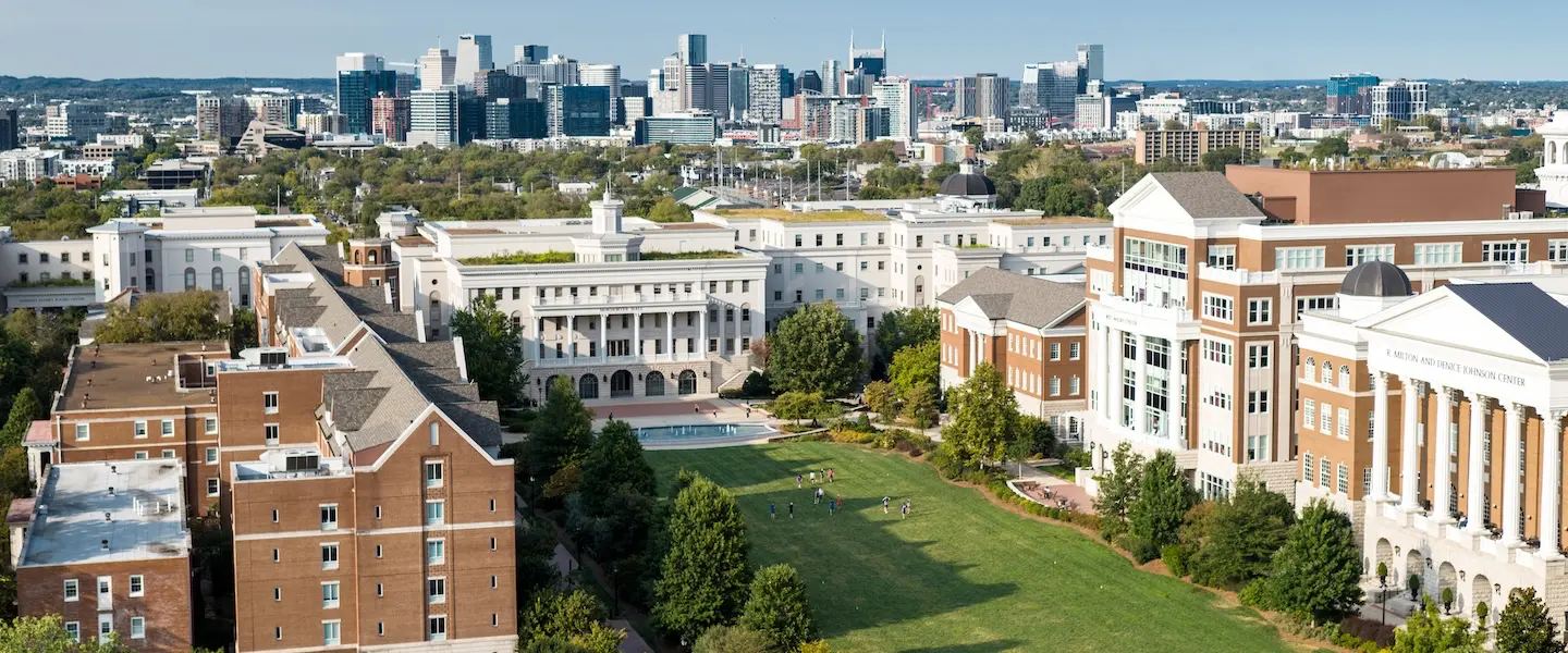 Aerial image of campus lawn and buildings