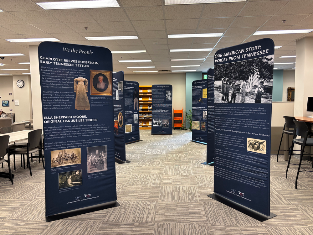 Exhibit featuring panels on Tennessee history, including Charlotte Reeves Robertson and Ella Sheppard Moore.