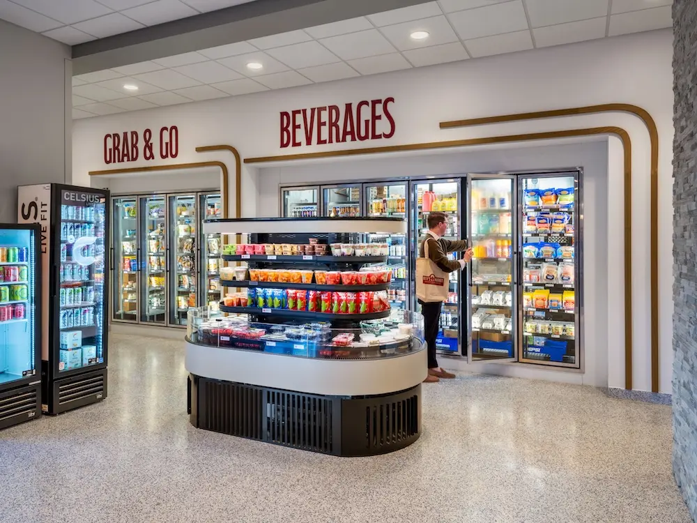 Beverage fridge and snack island inside Betty's Market