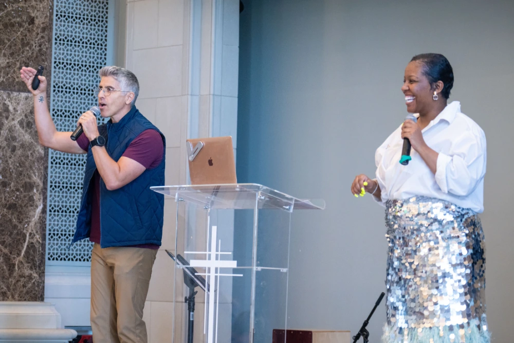 two guest speakers on stage at a recent chapel service
