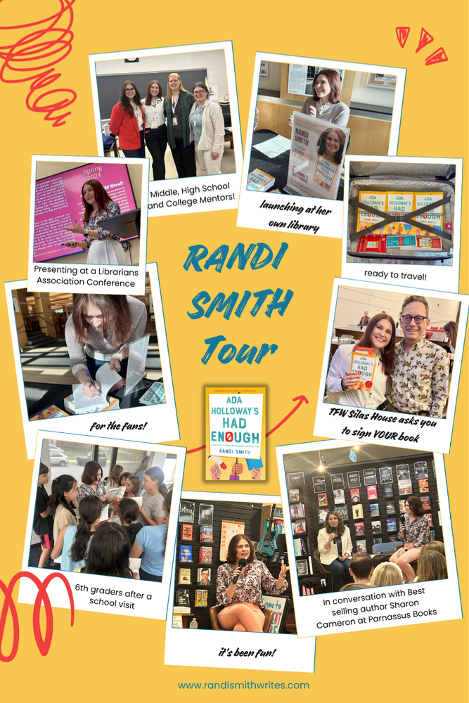 Collage of Randi Smith's 'Ada Holloway's Had Enough' book tour, with launches, presentations, signings, and school visits.