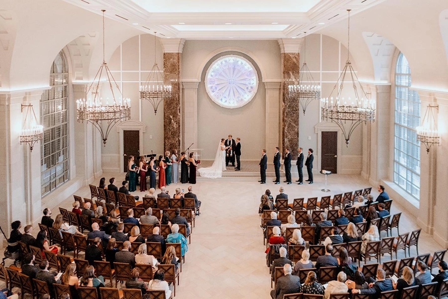 An aerial shot of a wedding ceremony in Gabhart Chapel