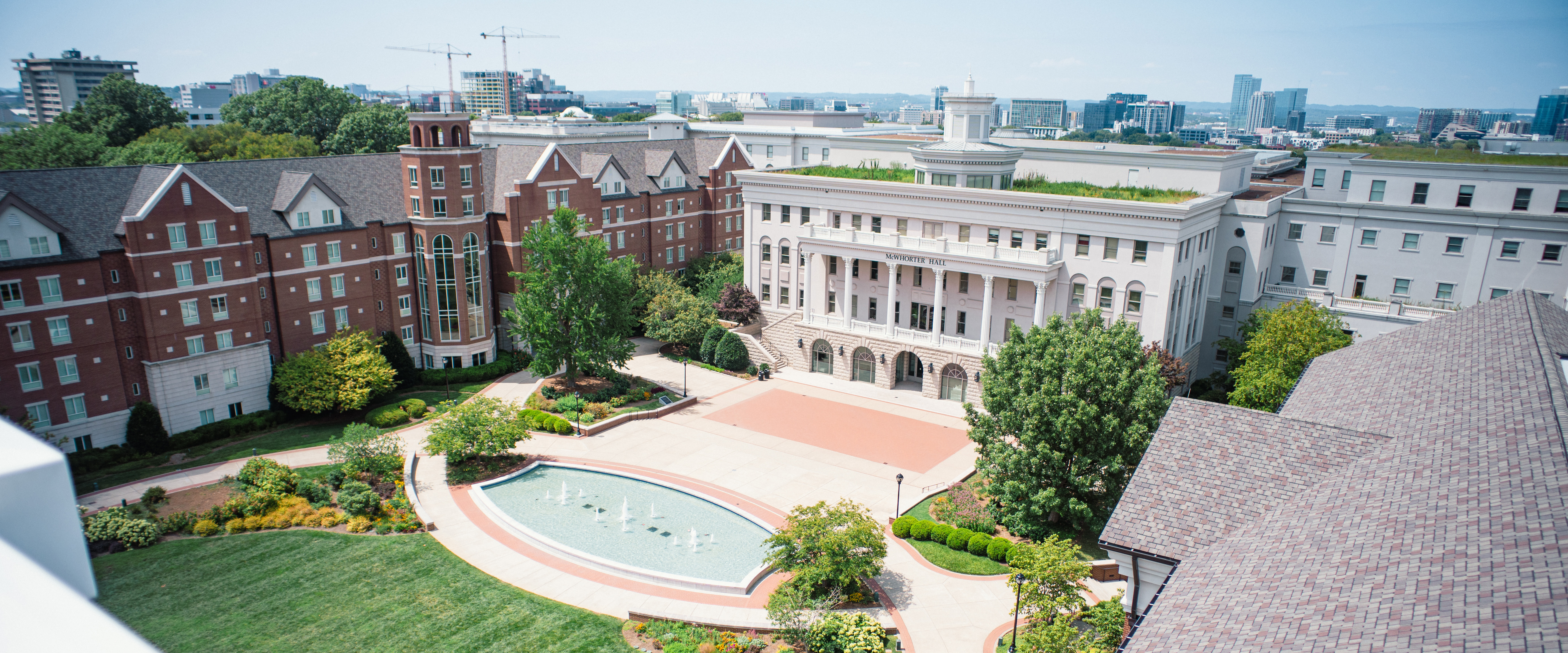 Aerial view of Freedom Plaza from the top of the Jack C. Massey Center on a sunny day