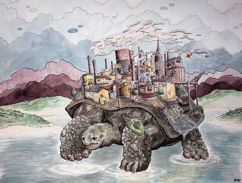 watercolor painting of turtle with city on its back