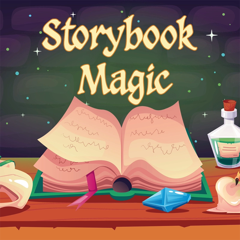 graphic of the text Storybook Magic over a background image of a magic book and potions.