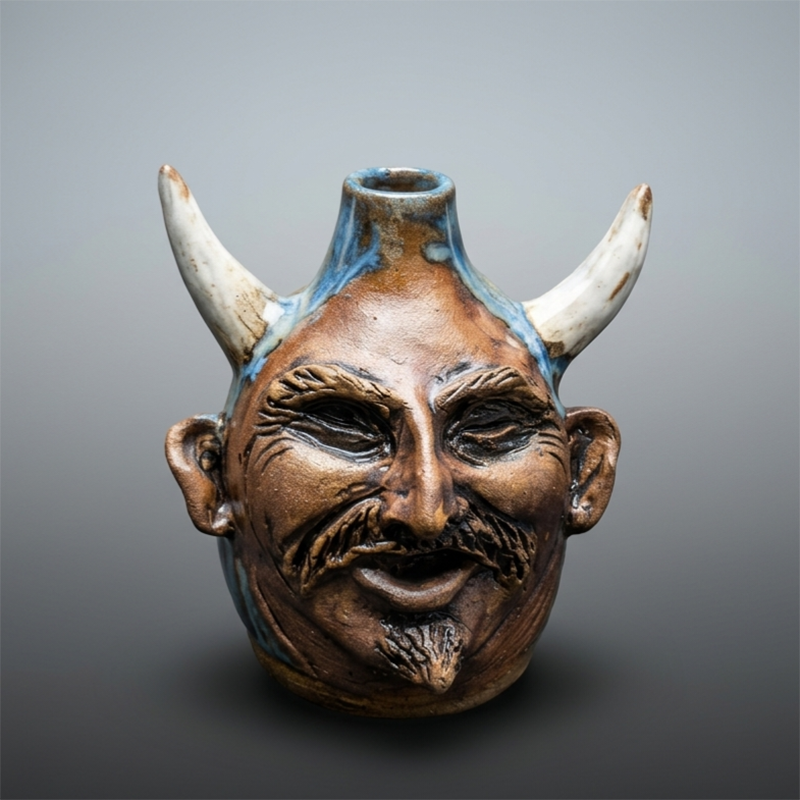 a brown ceramic face jug with mustache and beard, featuring white horns emerging above the ears
