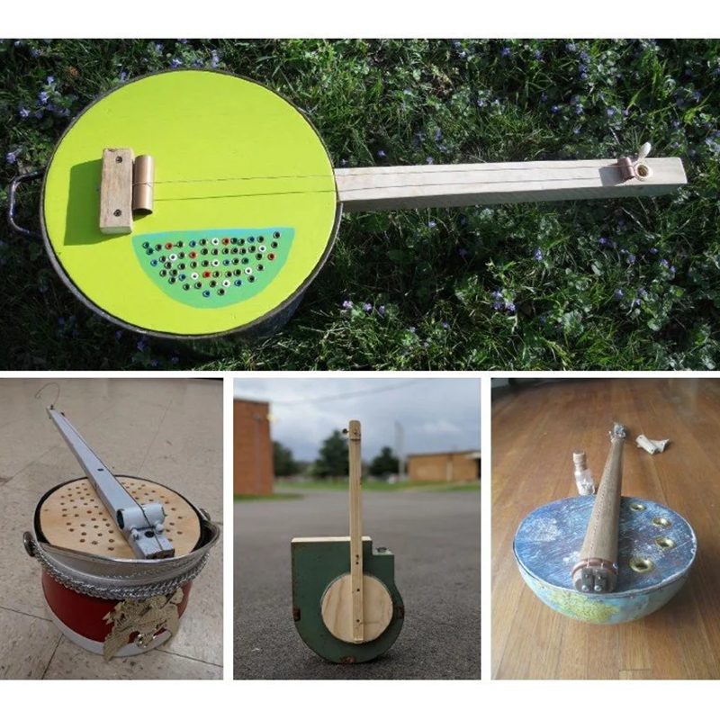 a four paneled image each featuring a different hand-made stringed instrument made from various recycled materials.