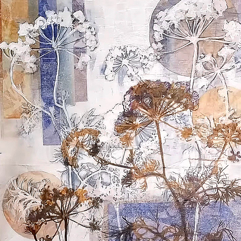 image of an artwork that shows delicate details of plants layered in colors of white purple and brown