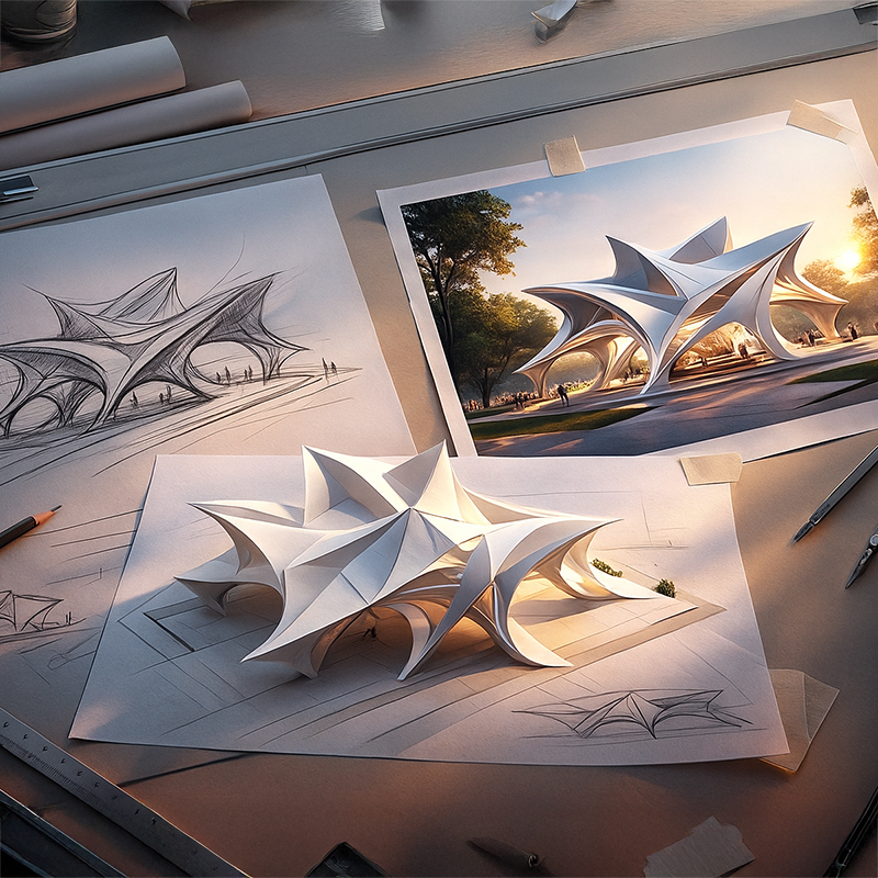 Image that depicts three renders of the same building. The first in in pen, the second looks more like a photograph, the third is a paper model. The building is looks domed with angular sections jutting out. 