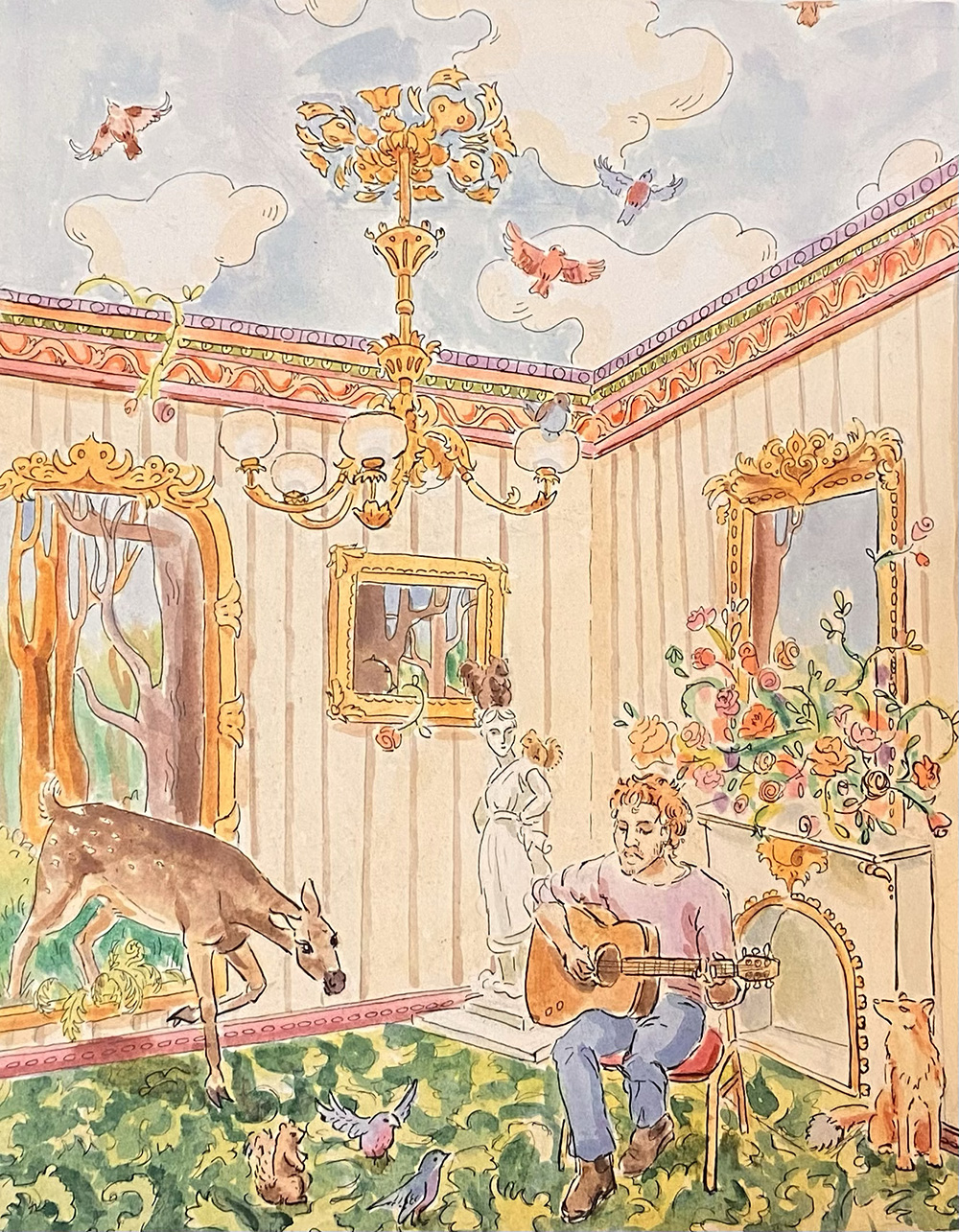 illustrated guy playing guitar in an old room with woodland animals coming in from outside