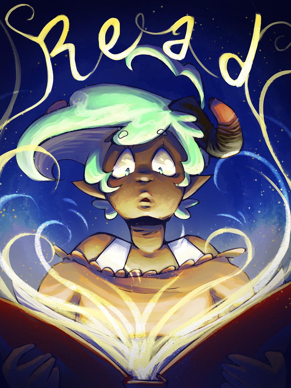 illustrated character with green hair reading a glowing book with the words read above them