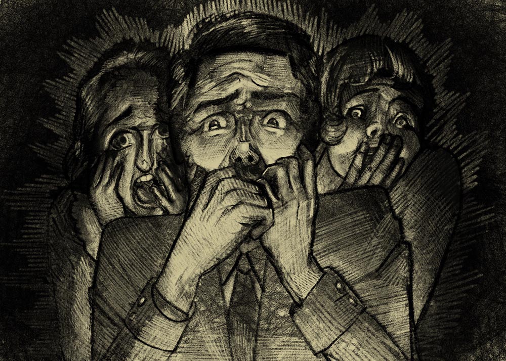 Three illustrated people looking shocked
