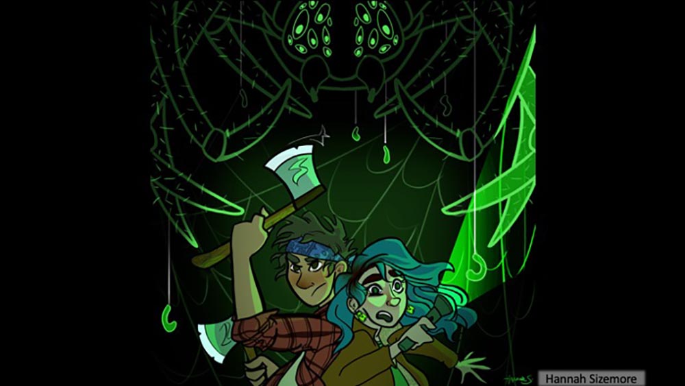 2 illustrated people below a giant glowing green spider with a flashlight and axes